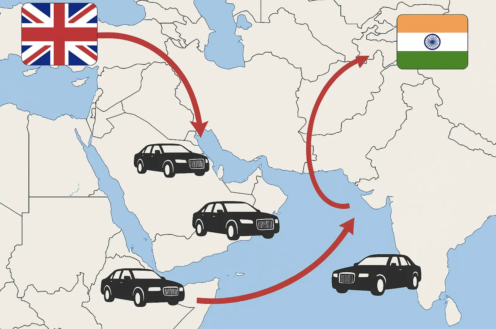 خريطة للشرق الأوسط مع خطوط حركة تجارية قادمة من بريطانيا والهند، مع رموز سيارات فاخرة 
