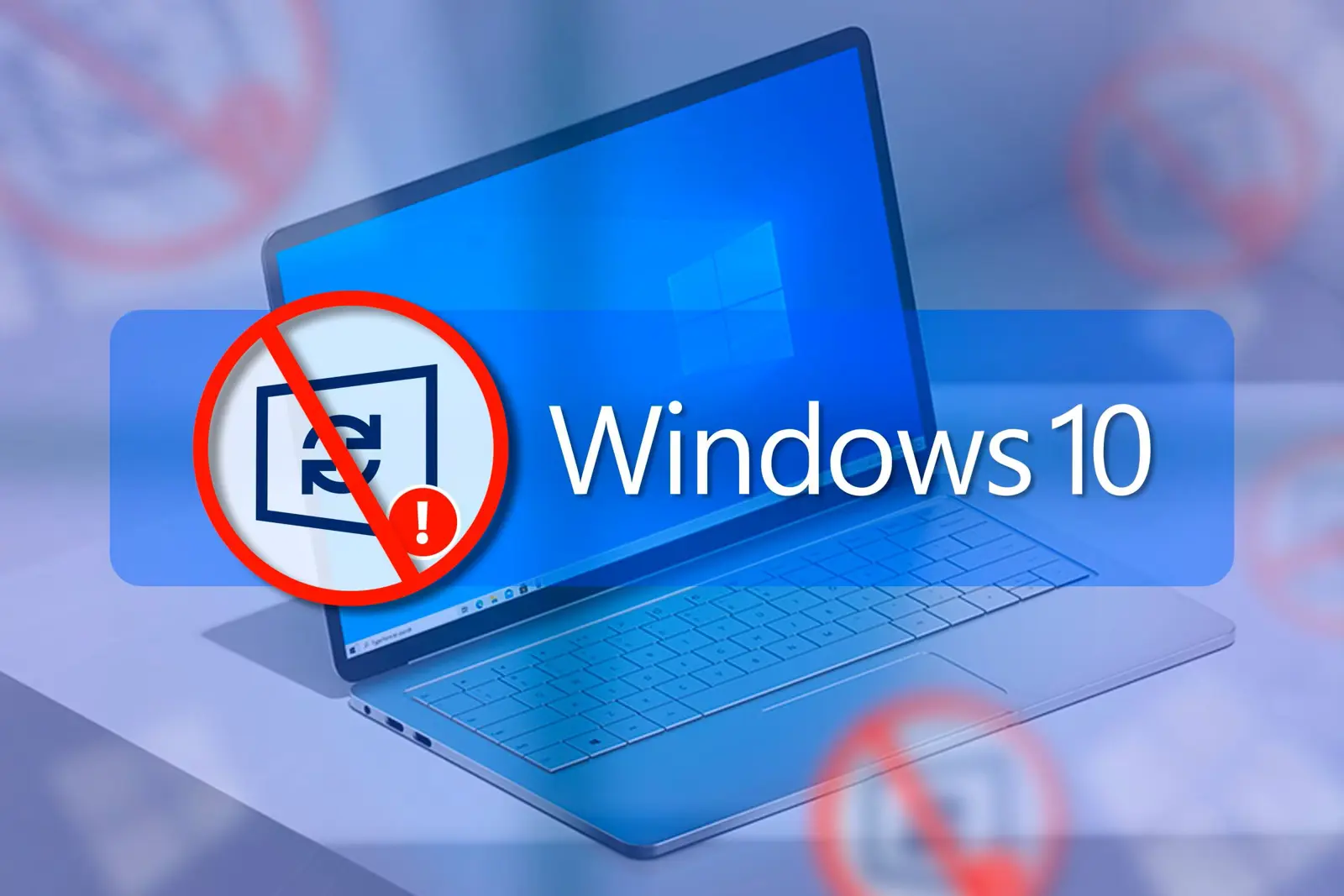 تظهر الصورة شعار ويندوز 10 على خلفية زرقاء فيها كمبيوتر وعلامات تدل على عدم توفر الدعم.
