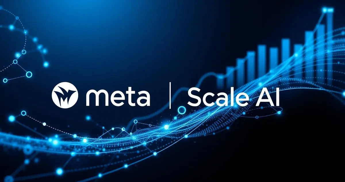 تظهر الصورة شعار شركتي ميتا و Scale AI على خلفية زرقاء تحتوى على نقاط وخطوط ورسم توضيحي في الخلفية.